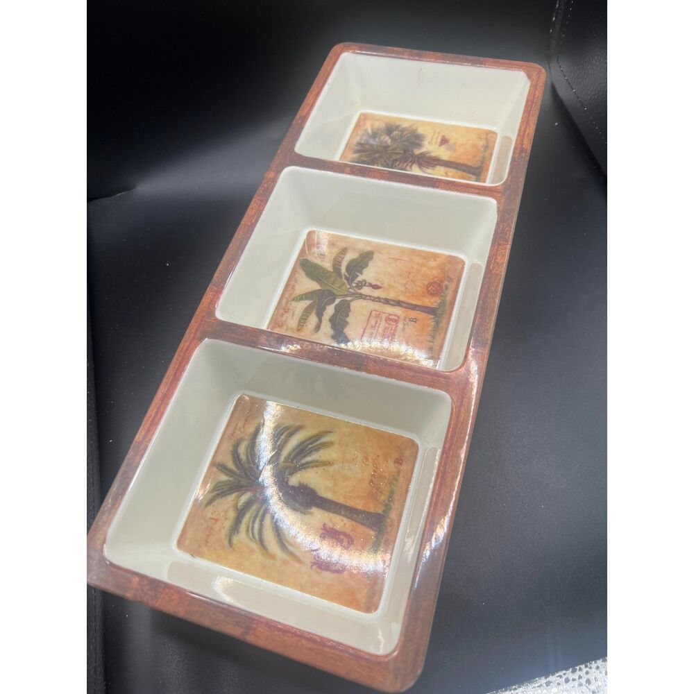 Lots of 4 Evergreen Melamine Palm Tree Serving Plate Dish Divided 3 Part
